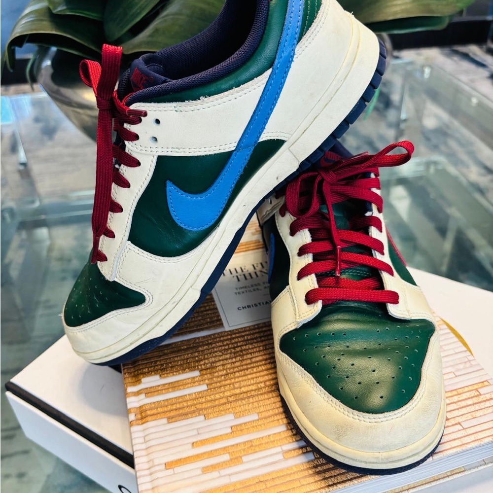 Nike Men's Green and Cream Sneakers with Blue Swoosh